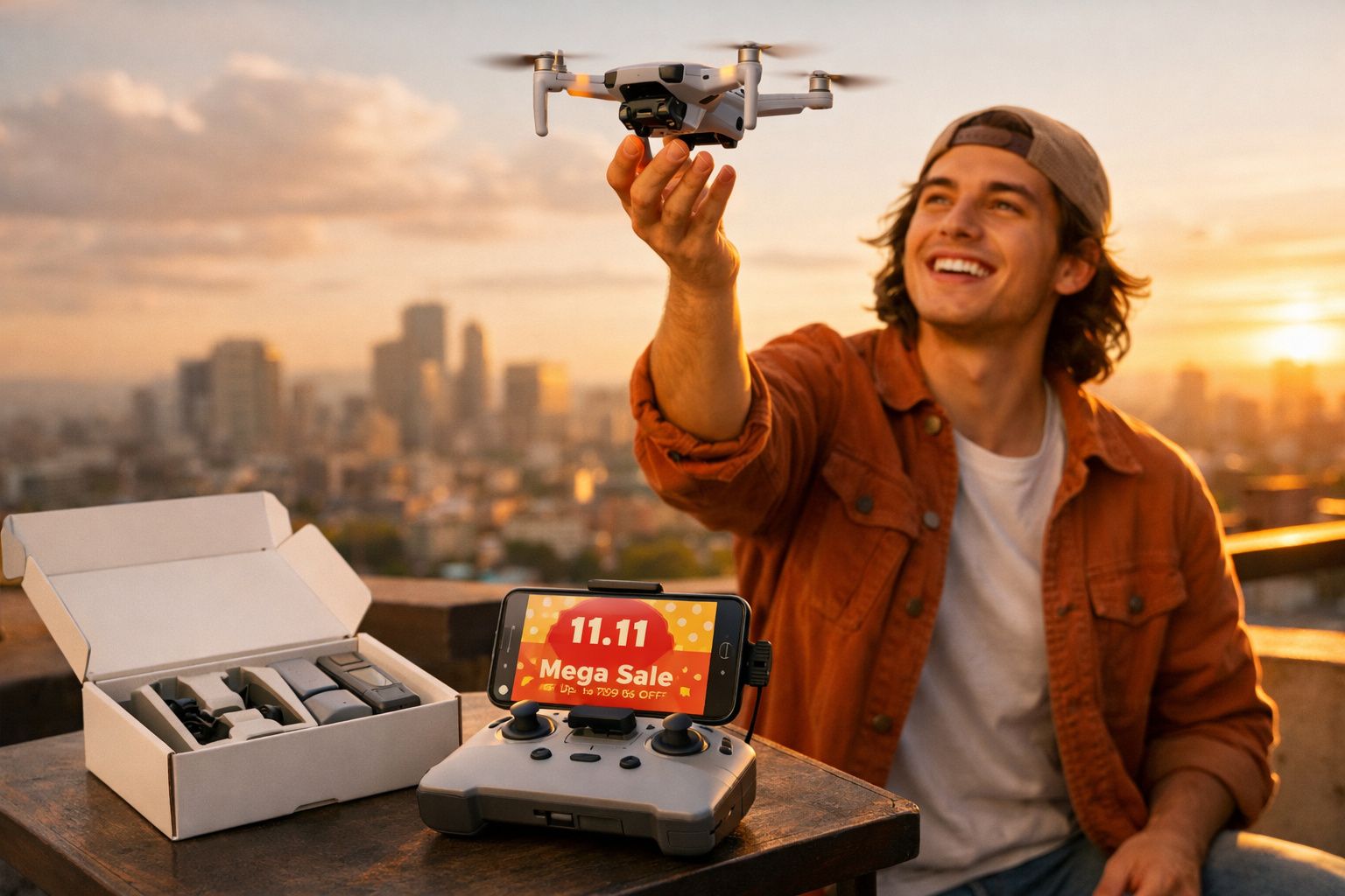 Jovem segurando drone com controle, celular e caixa aberta em mesa ao pôr do sol na cidade.