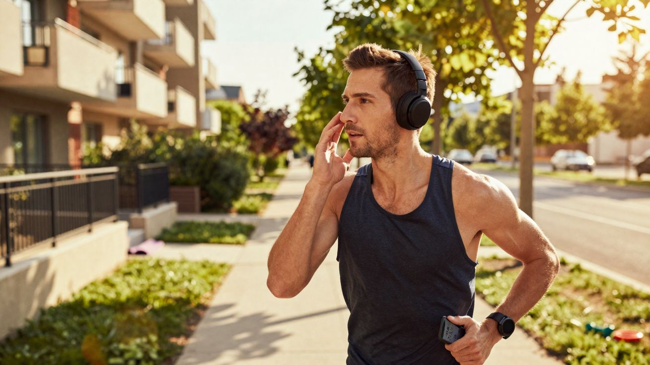Homem correndo na calçada com fone de ouvido e controlando dispositivo, em dia ensolarado na cidade.