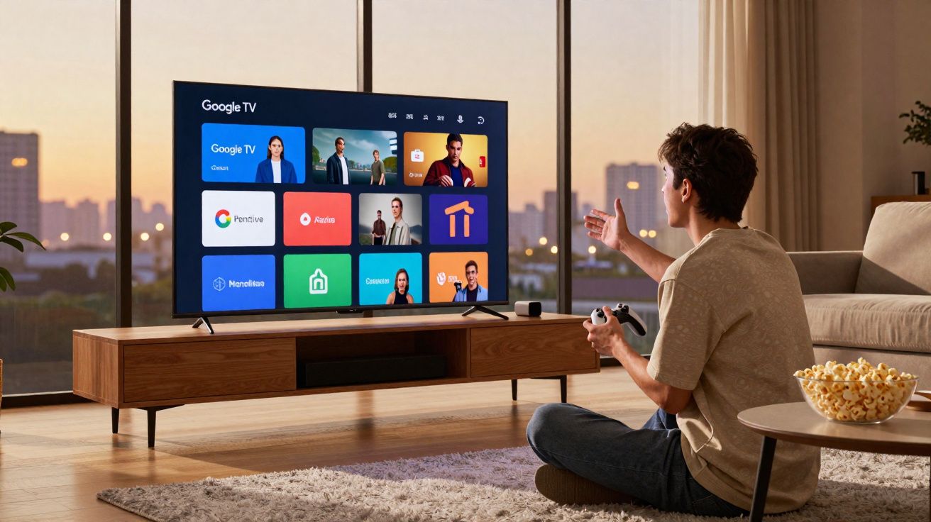 Homem sentado no chão segurando controle e interagindo com TV exibindo interface do Google TV.