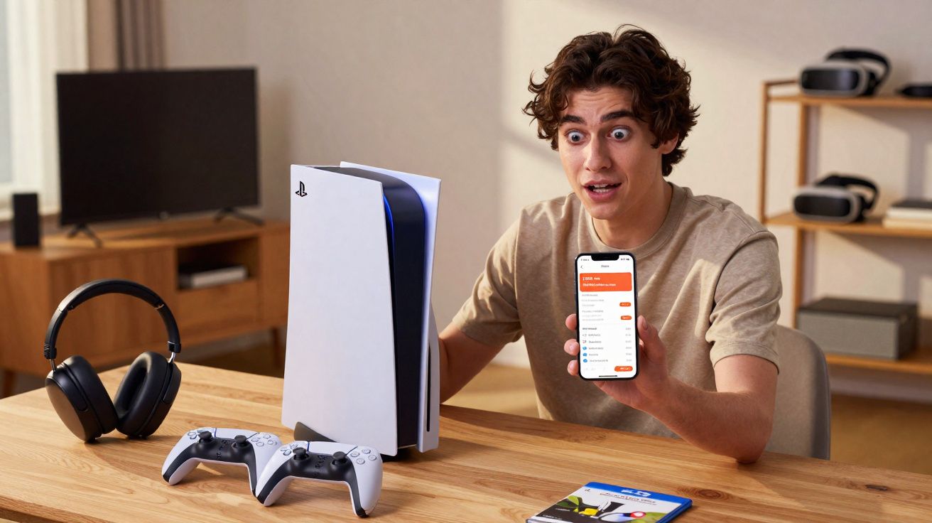 Jovem surpreso mostra celular com aplicativo aberto sentado à mesa com console PlayStation 5 e dois controles.