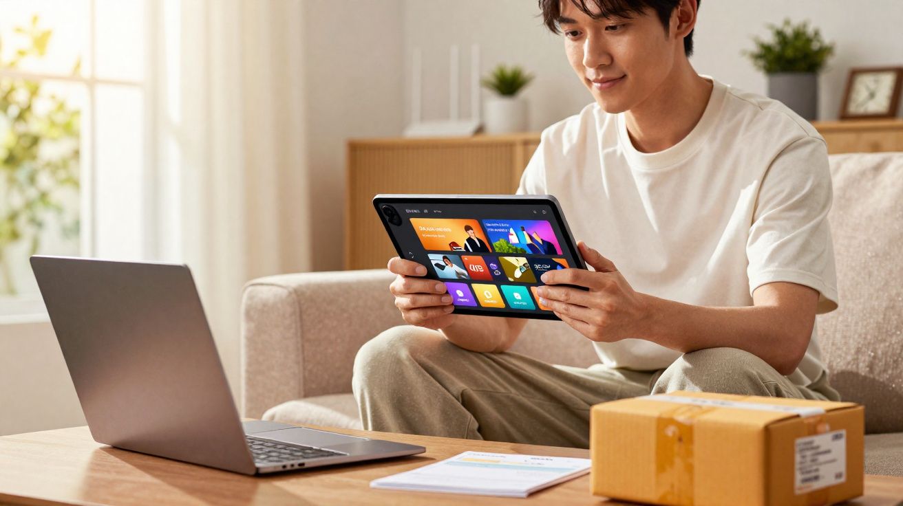 Homem sentado no sofá segurando tablet com apps enquanto laptop e encomenda estão na mesa à frente.