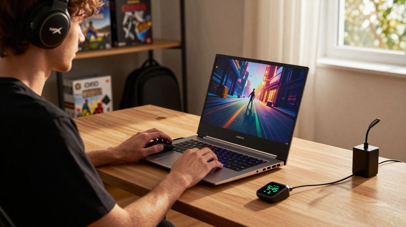 Pessoa usando laptop para jogo com headset, mesa de madeira e janela ao fundo iluminada pela luz natural.