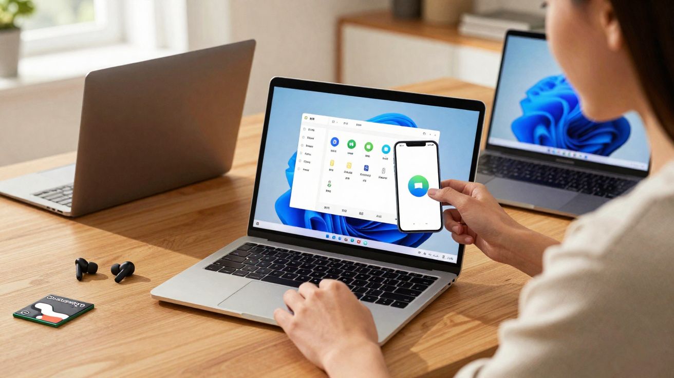 Pessoa segurando smartphone perto de laptop com tela mostrando sistema operacional Windows 11 em mesa de madeira.