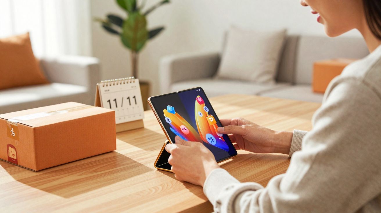 Pessoa usando tablet dobrável em mesa com caixa de entrega e calendário marcando 11 de novembro.