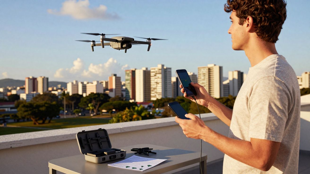 Homem controlando drone com celular em área urbana durante o dia, com caixa e papéis sobre mesa.