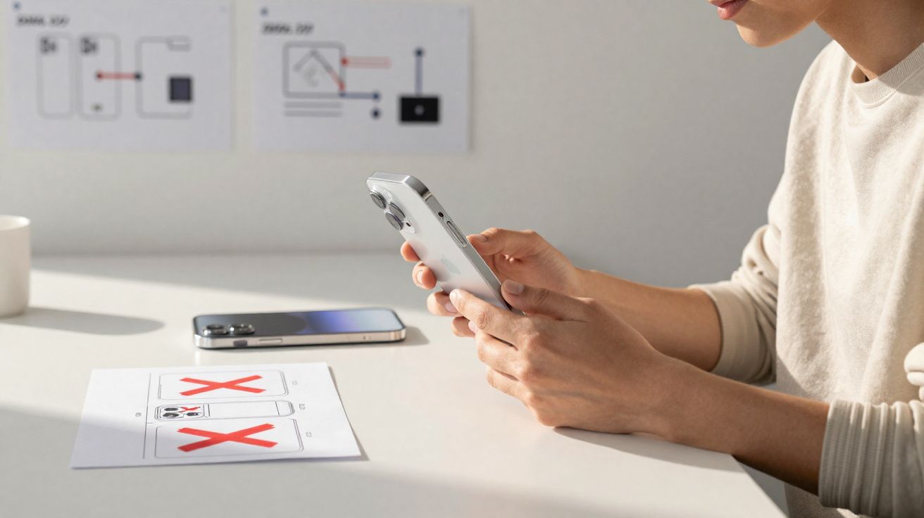 Pessoa segurando celular sobre mesa com papéis e outro celular, com desenhos fixados na parede ao fundo.