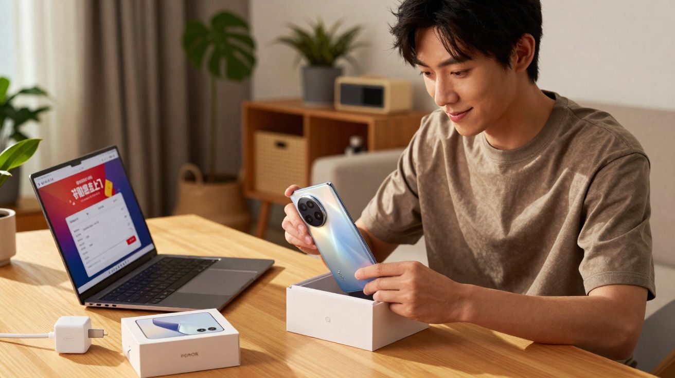 Jovem sentado à mesa desembrulhando um smartphone novo com laptop aberto ao lado.