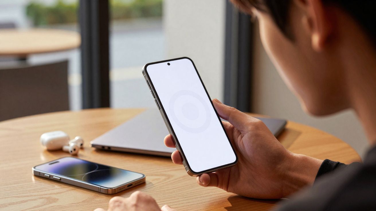 Pessoa segurando smartphone com tela branca, mesa com outro celular, fones de ouvido e laptop ao fundo.