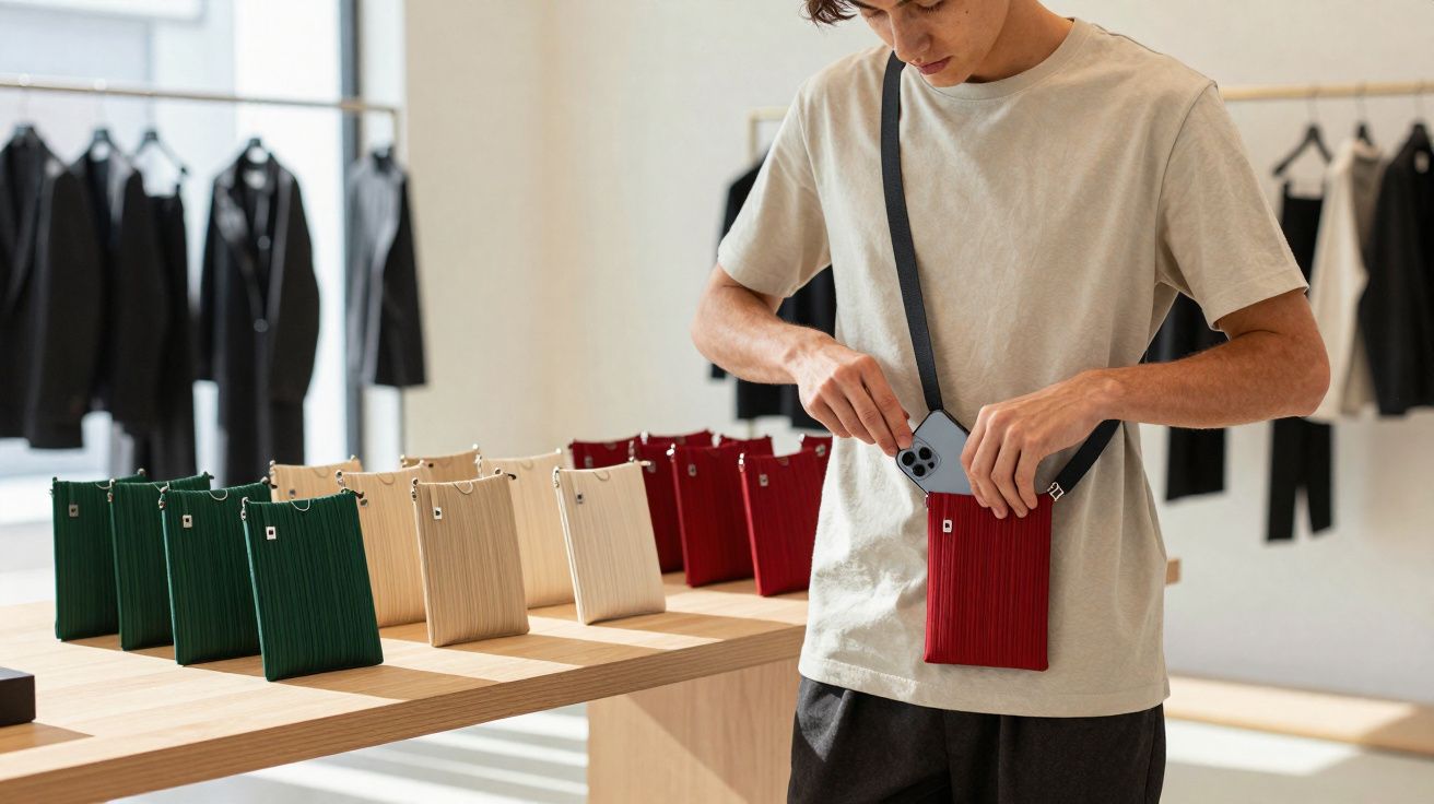 Homem com camiseta clara pega celular de bolsa vermelha pendurada no ombro em loja moderna de bolsas.