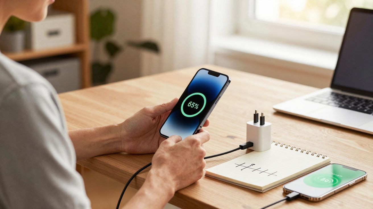 Pessoa carregando um smartphone com 65% de bateria em uma mesa com notebook e outro celular carregando.