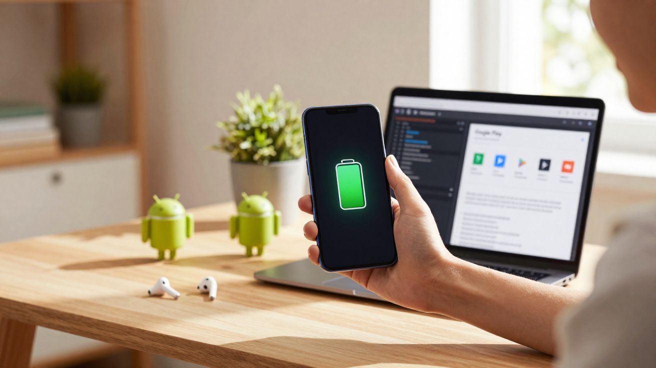 Pessoa segurando celular com ícone de bateria cheia na tela, laptop e figuras do Android sobre mesa de madeira.