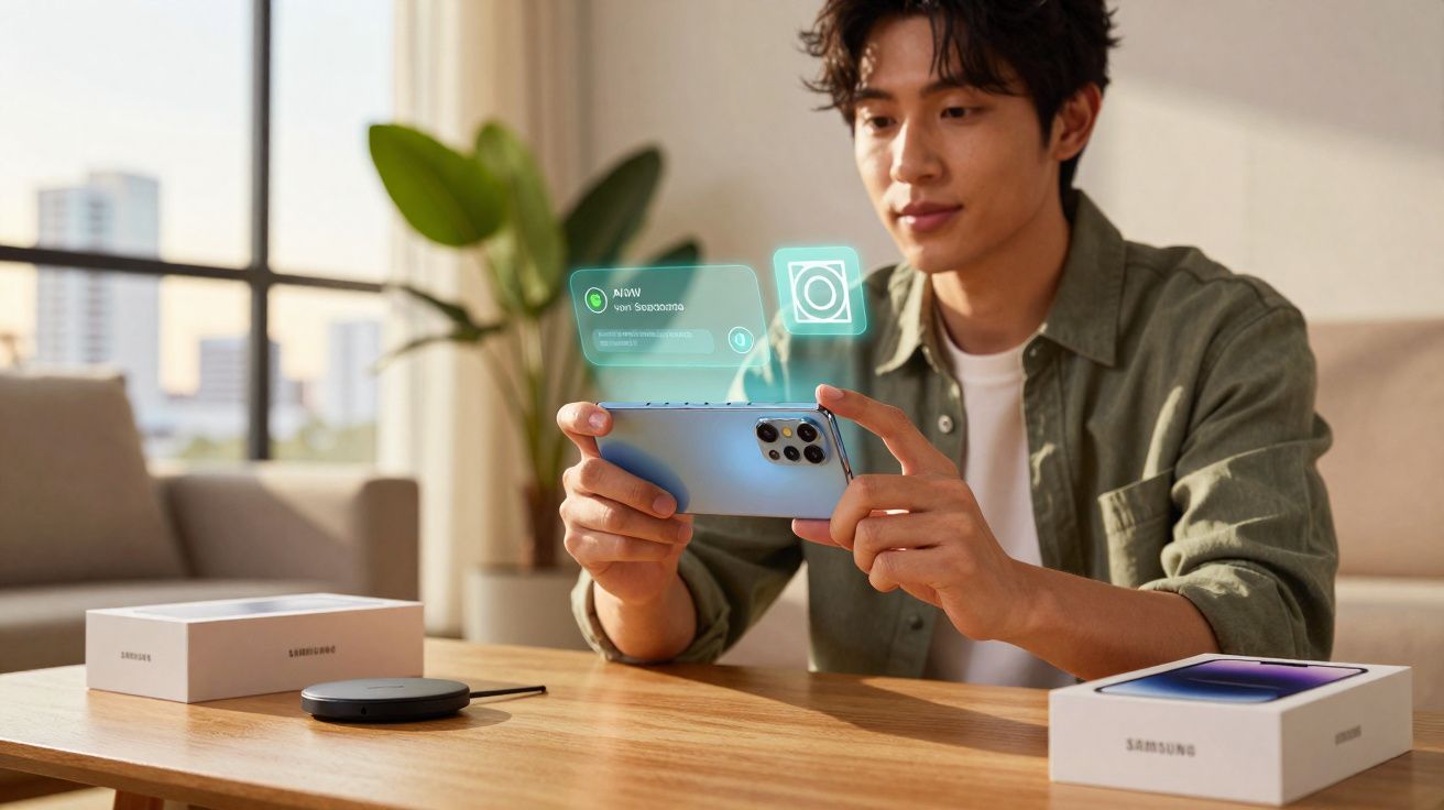 Jovem usando smartphone Samsung azul com gráficos holográficos em uma sala iluminada.