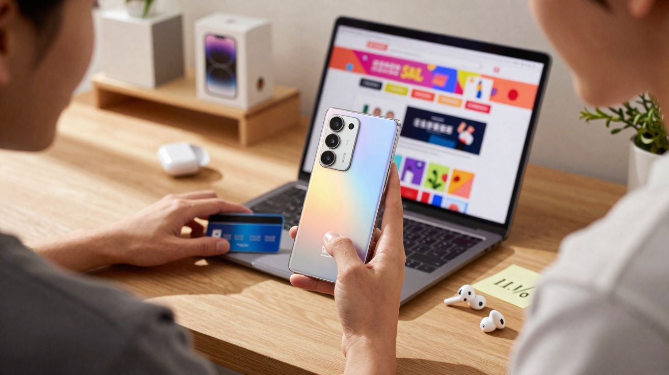 Duas pessoas fazendo compra online com cartão, celular e notebook em mesa de madeira.