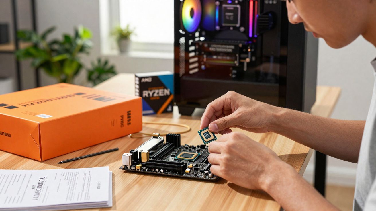 Pessoa instalando um processador AMD Ryzen em uma placa-mãe sobre uma mesa de madeira.
