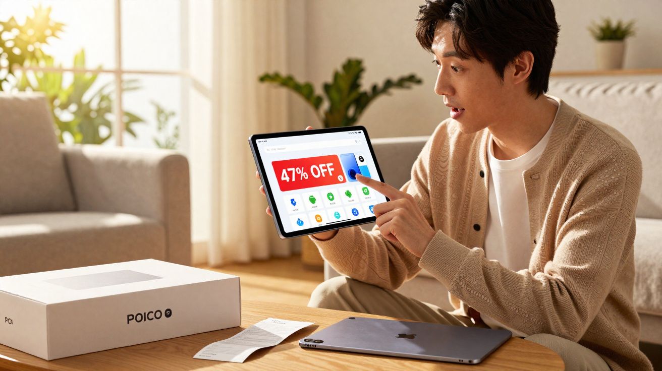 Homem sentado em sala iluminada mostra tablet com desconto de 47% na tela.