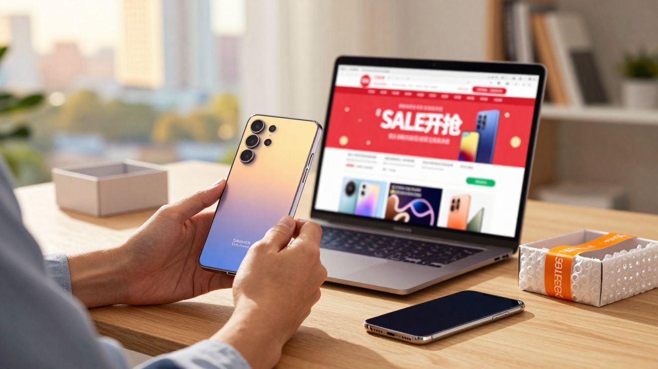 Pessoa segurando celular gradient ao lado de laptop com site de vendas de smartphones aberto na tela.