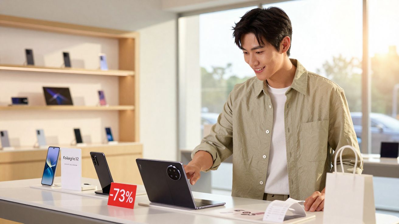 Jovem sorridente experimentando tablet na loja de eletrônicos com desconto de 73% em smartphone ao lado.