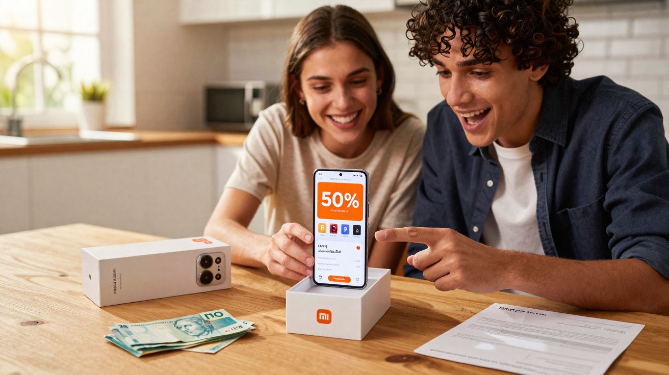 Casal feliz olhando para smartphone Xiaomi novo com promoção de 50% sobre caixa e dinheiro na mesa.