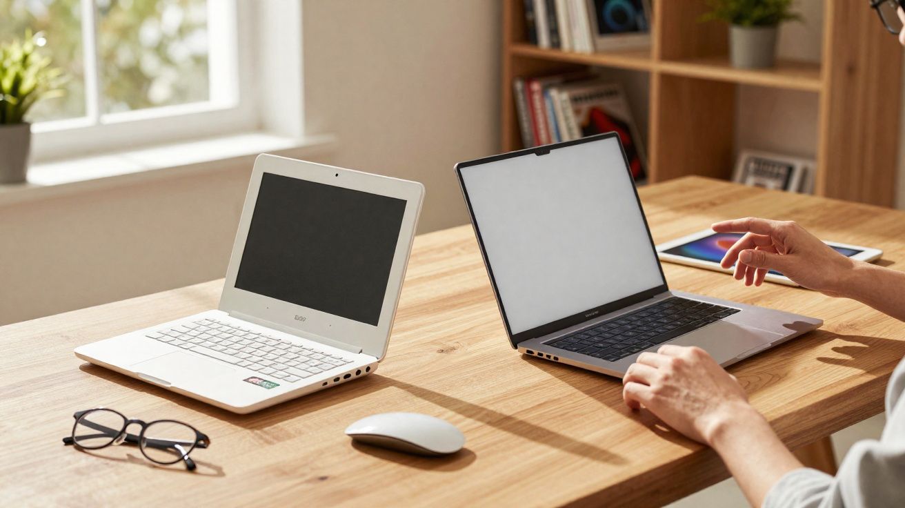 Mesa de trabalho com dois notebooks, mouse, óculos e uma pessoa usando um dos laptops.