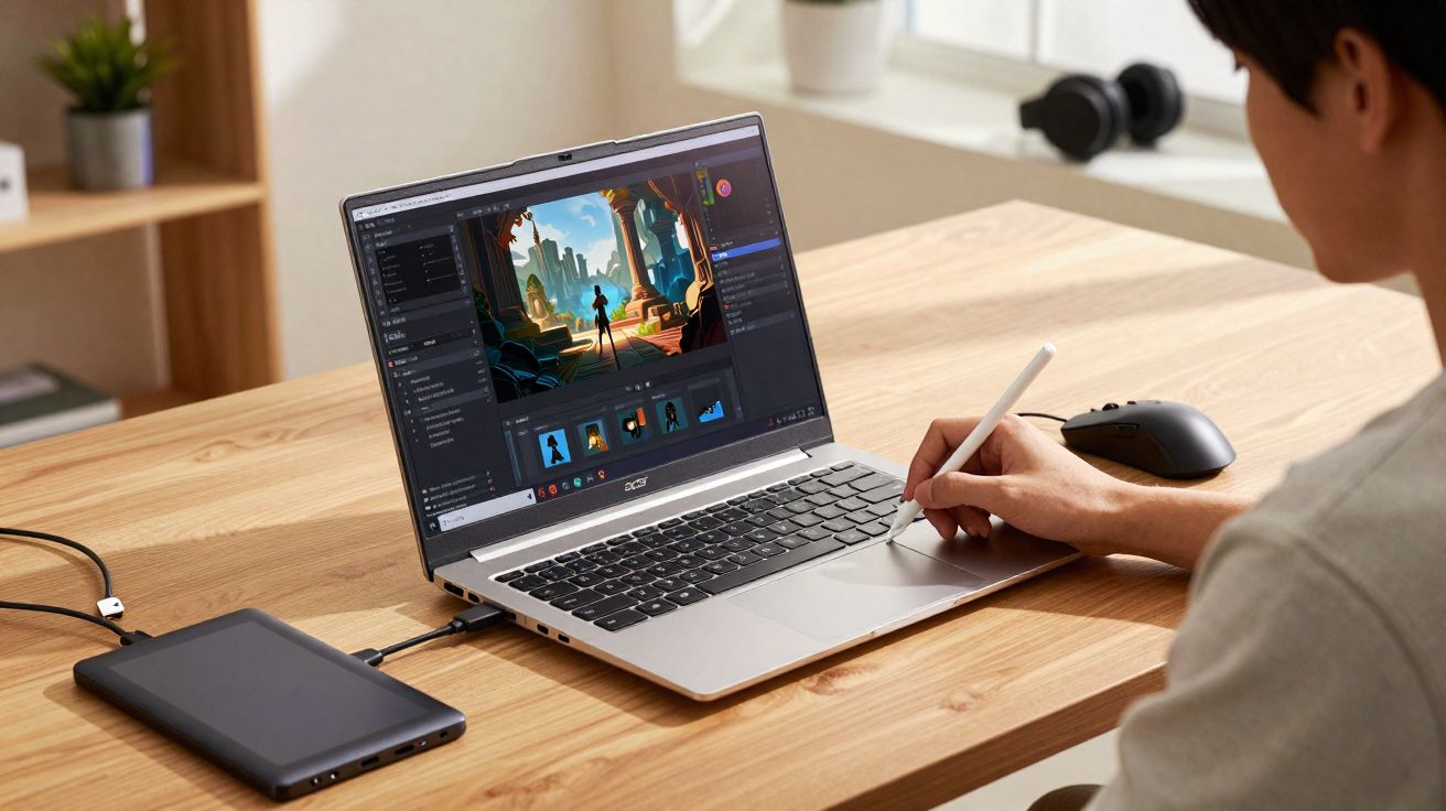 Pessoa usando tablet e caneta em laptop com edição de arte digital em mesa de madeira clara.