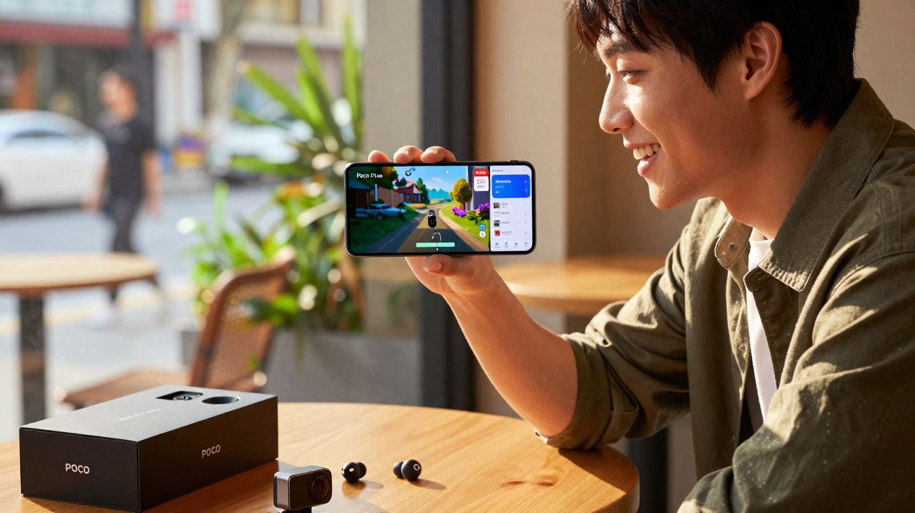 Homem sorrindo jogando em smartphone enquanto está sentado à mesa com caixa e acessórios da POCO.