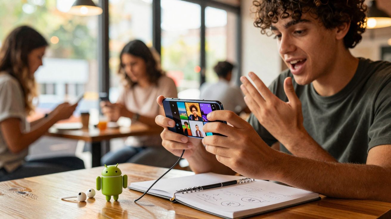 Jovem usando smartphone para videochamada em mesa com caderno, fones e boneco Android em ambiente iluminado.