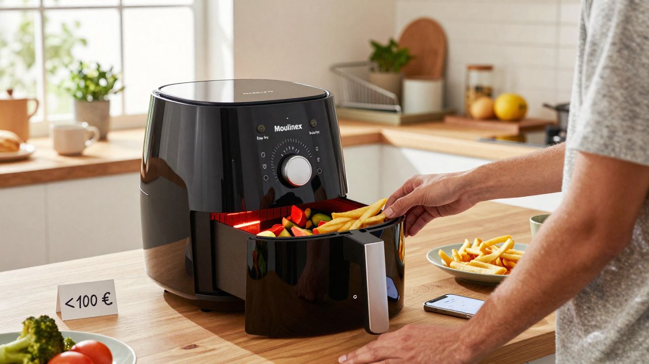 Pessoa retirando batatas fritas da fritadeira air fryer preta Moulinex em cozinha iluminada.