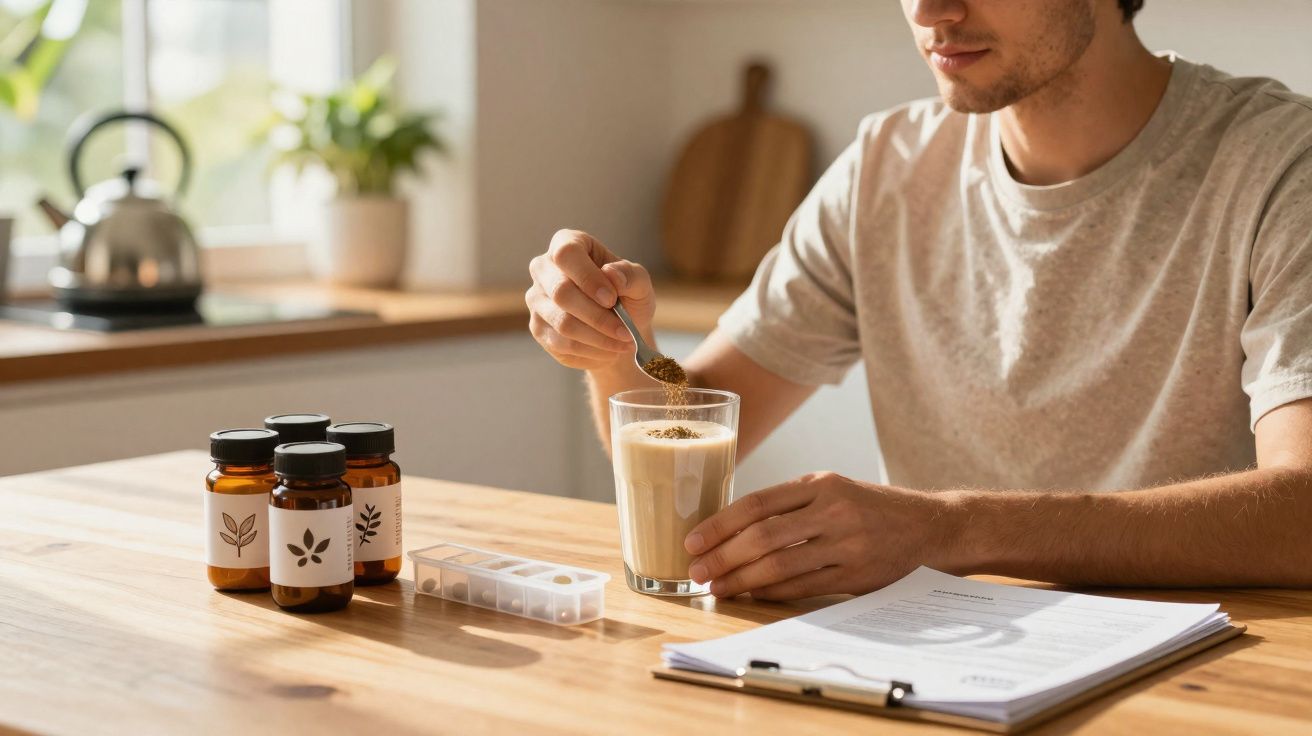 Homem colocando suplemento em pó em copo com bebida sobre mesa, ao lado de frascos e folhas de papel.