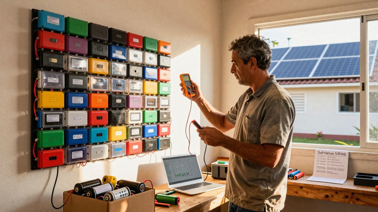 Homem realiza teste em bateria recarregável em bancada com notebook e painel colorido de baterias.