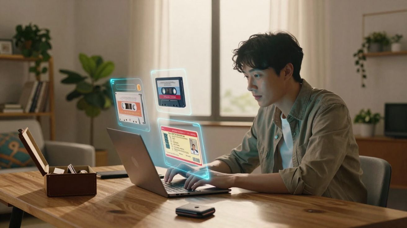 Homem jovem usando laptop com hologramas digitais de fitas e identificação em uma sala iluminada.