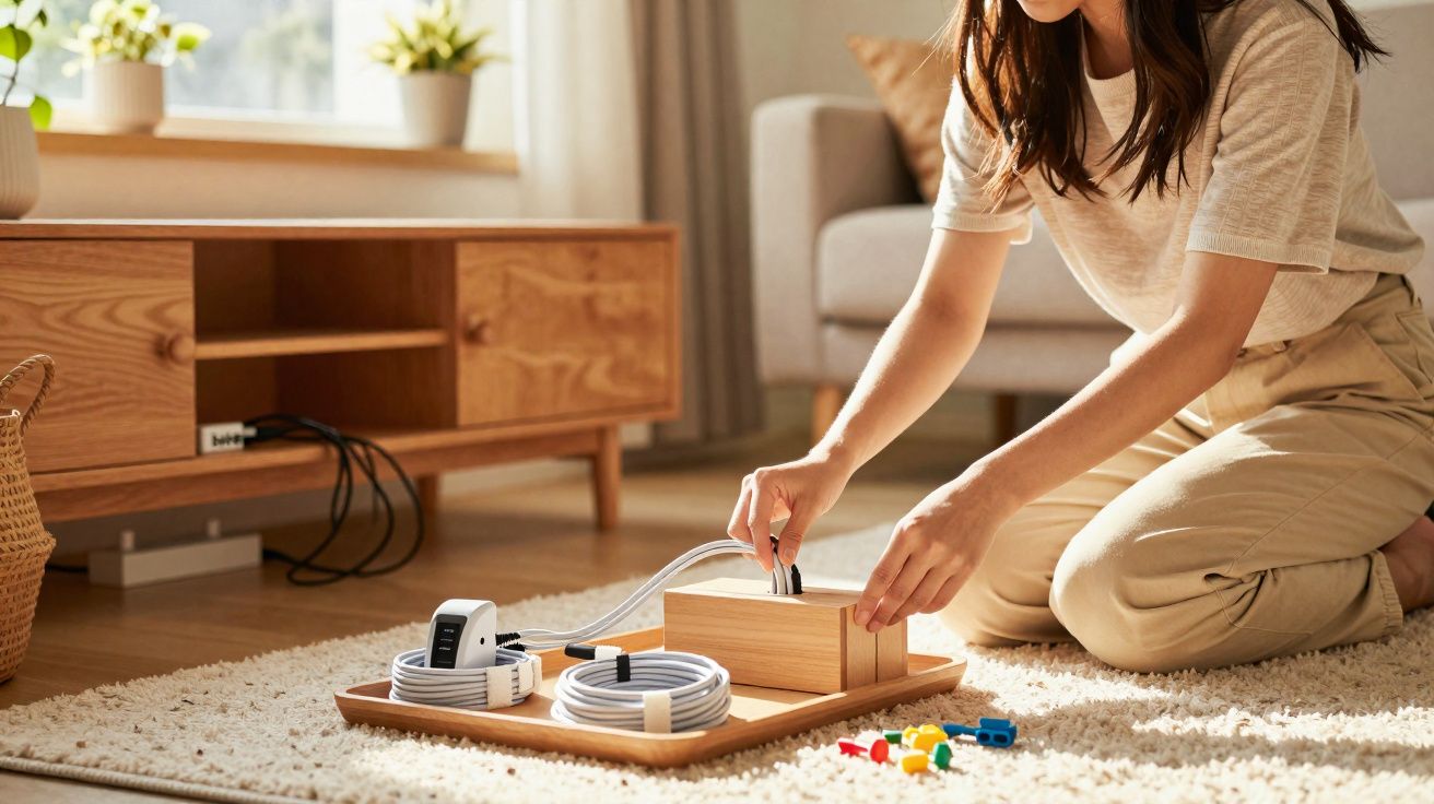 Pessoa organizando cabos em uma caixa de madeira sobre tapete claro em sala de estar iluminada.