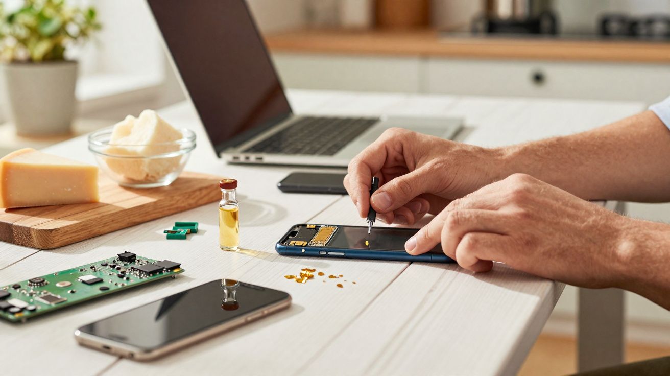 Pessoa aplicando gotas amarelas em celular desmontado sobre mesa, com laptop e objetos ao fundo.