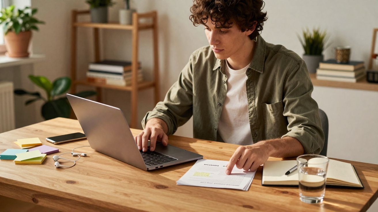 Jovem sentado à mesa usando laptop e apontando para documento impresso em ambiente organizado e iluminado.