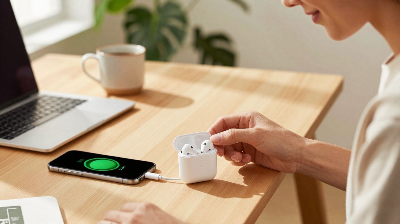 Pessoa segurando fone de ouvido sem fio tirado do estojo ao lado de celular carregando e notebook.