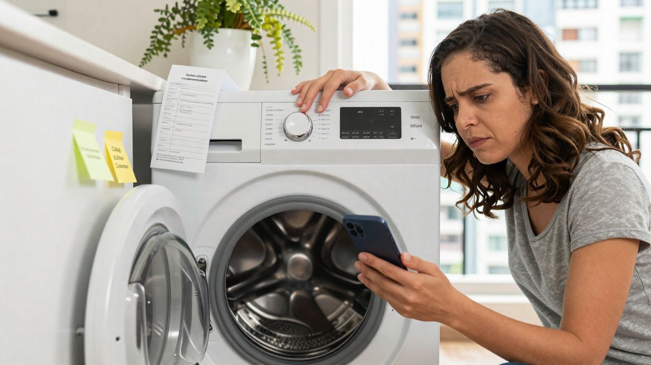 Mulher olhando celular com expressão séria ao lado de máquina de lavar roupa branca em ambiente iluminado.