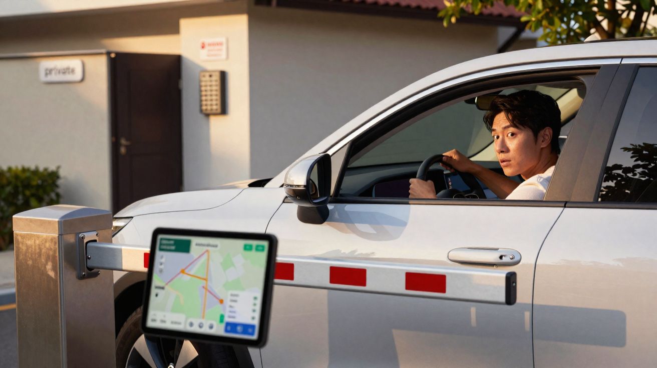 Homem em carro branco aguardando cancela de estacionamento abrir, com dispositivo GPS visível.