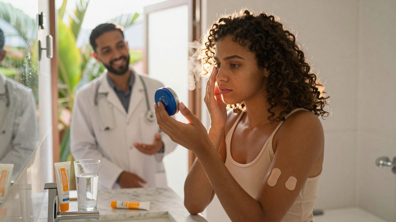 Mulher com adesivos no braço aplicando creme no rosto, médico conversa ao fundo em ambiente claro.