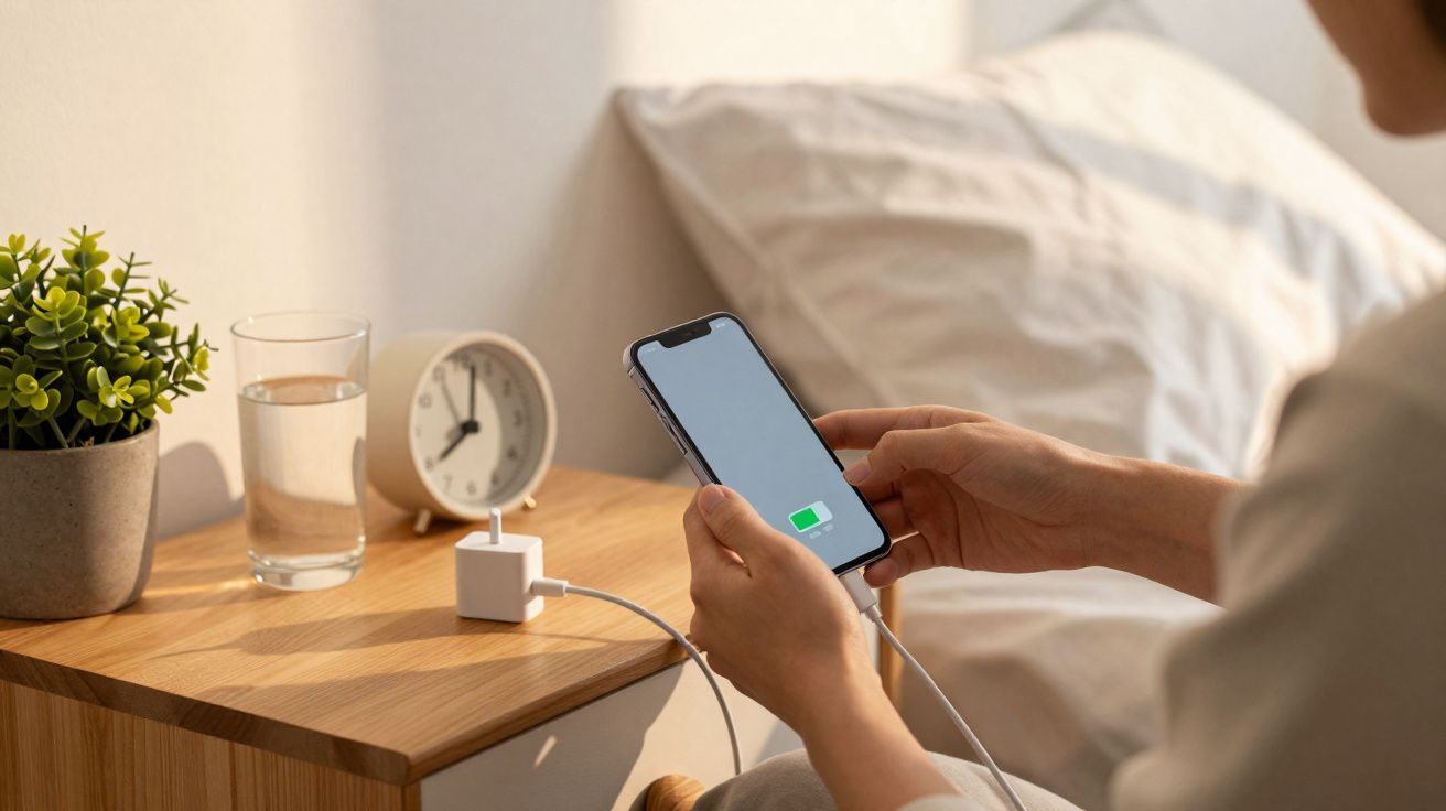 Pessoa segurando celular carregando ao lado de mesa com vidro de água, relógio e planta em ambiente de quarto.