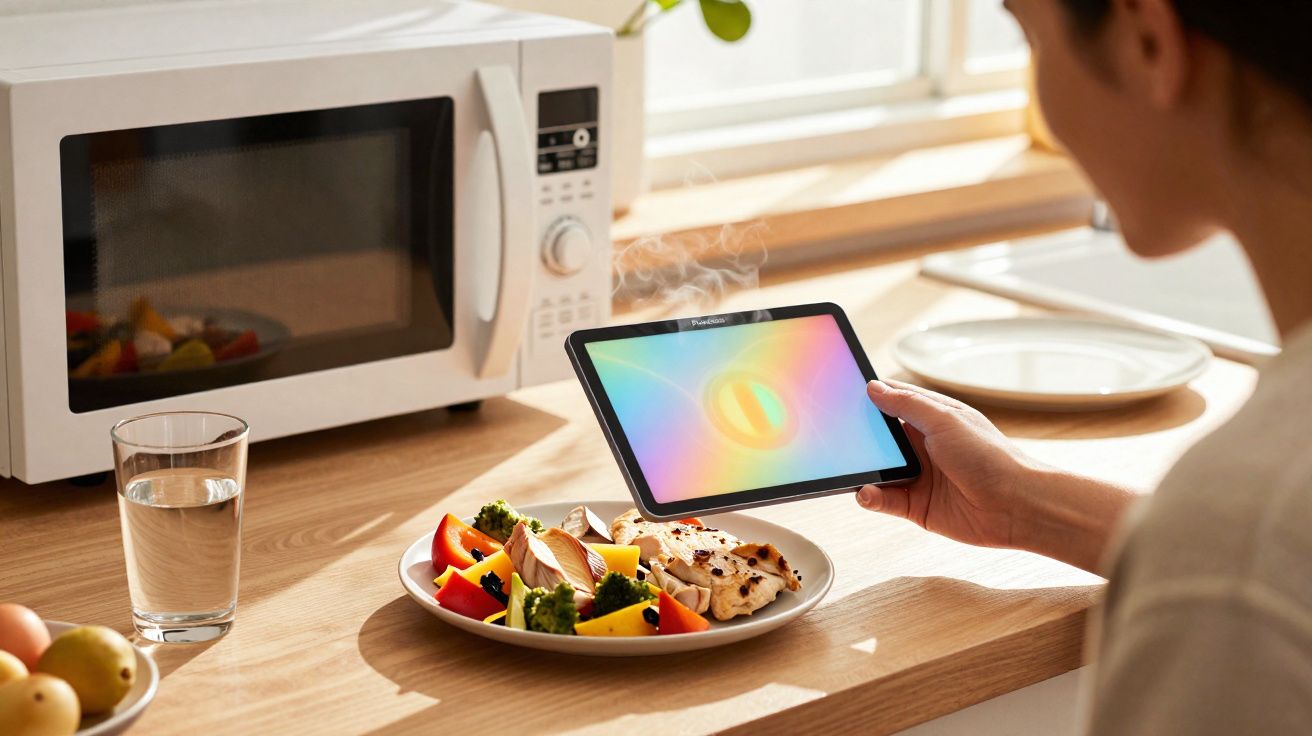 Pessoa usando tablet perto de prato com comida quente em cozinha com micro-ondas e copo d'água.