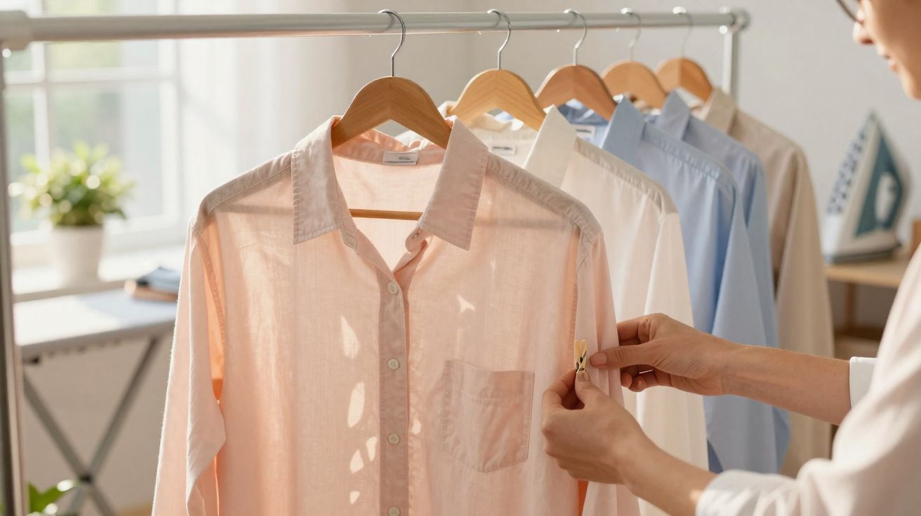 Usar um prendedor de roupa para pendurar evita vincos.