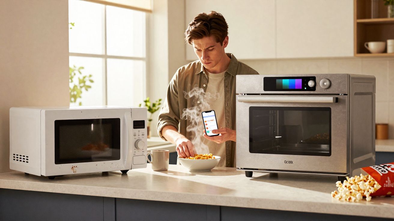 Homem na cozinha tirando comida quente de uma tigela, entre micro-ondas e forno elétrico sobre a bancada.