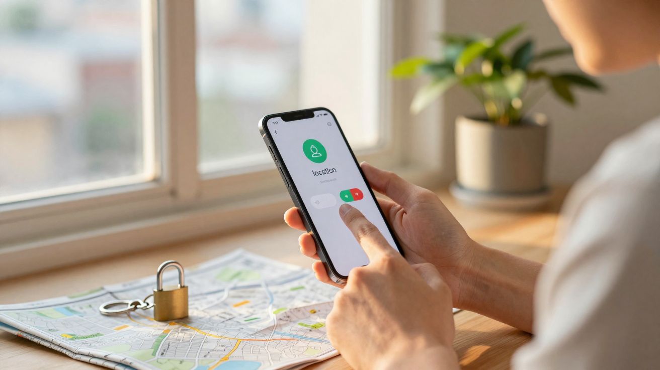 Pessoa ativando permissão de localização em smartphone sobre mapa com cadeado ao lado.