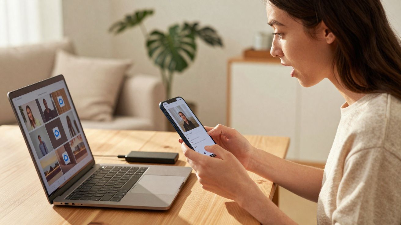 Mulher usando celular e notebook em mesa de madeira, com planta ao fundo em ambiente claro.