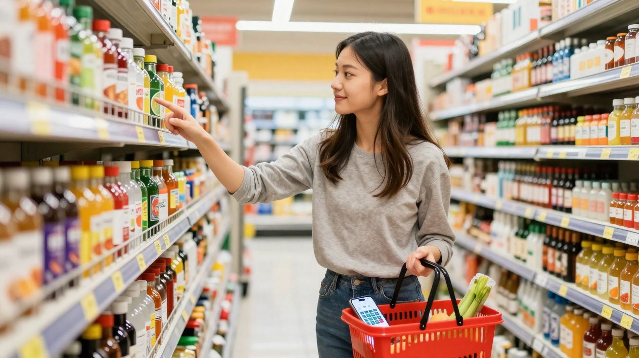 Mulher jovem com cesta vermelha escolhe suco na prateleira de supermercado, corredor cheio de bebidas.