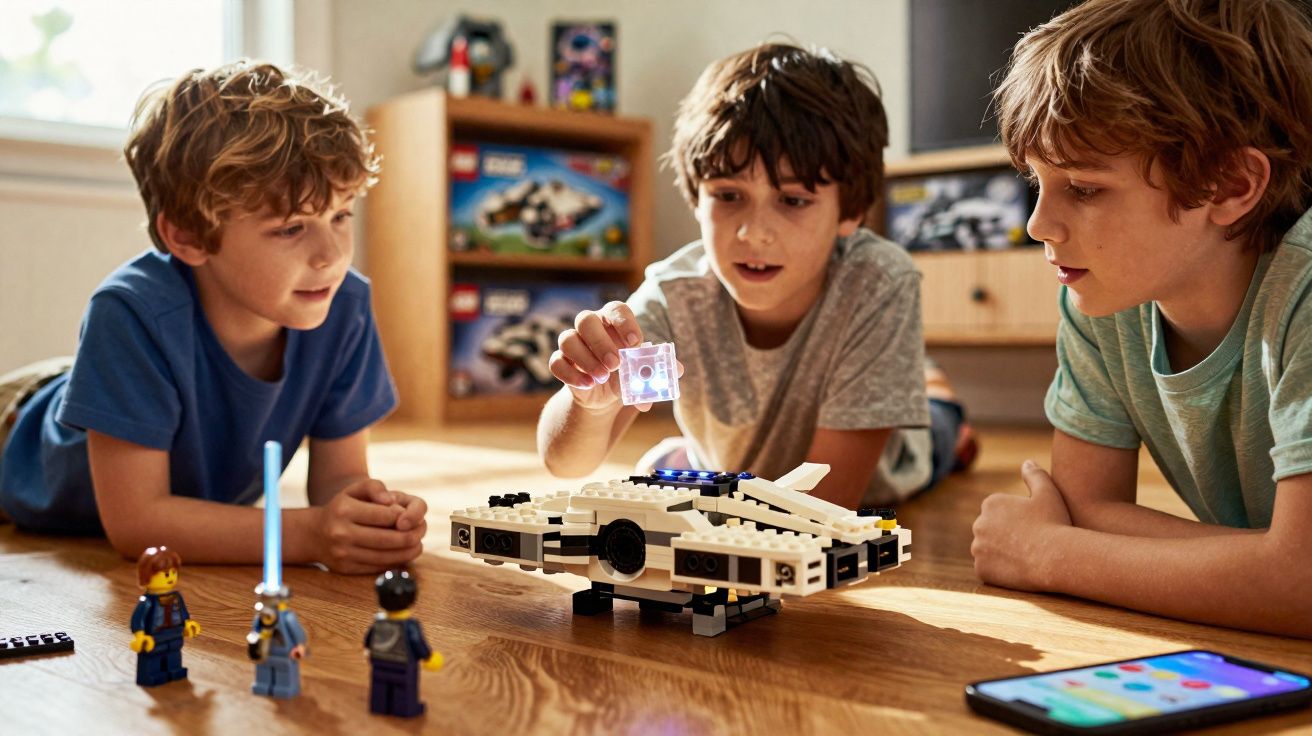Três meninos brincando no chão com nave espacial de LEGO e figuras de minifiguras.