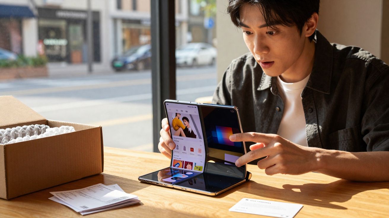 Homem sentado à mesa interagindo com smartphone dobrável próximo a caixa e documentos.