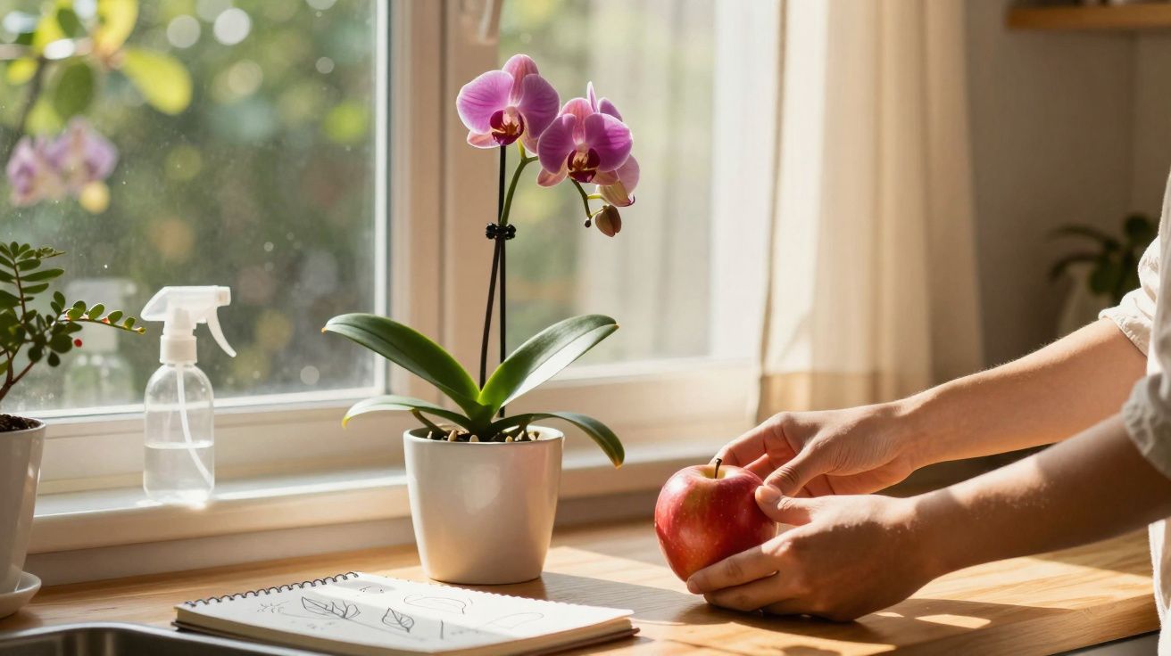 Mãos segurando maçã próxima a orquídea em vaso sobre bancada de madeira com caderno e borrifador.