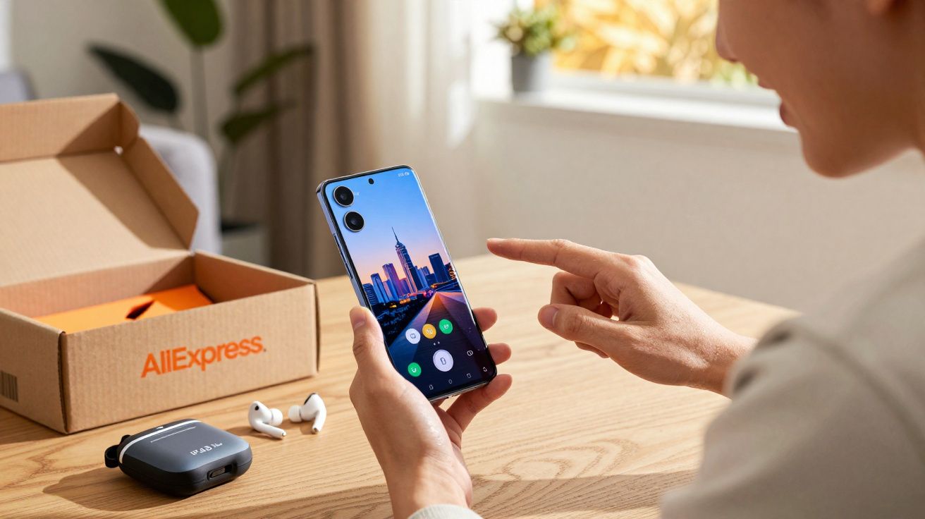 Pessoa segurando smartphone novo com caixa da AliExpress aberta sobre mesa de madeira clara.
