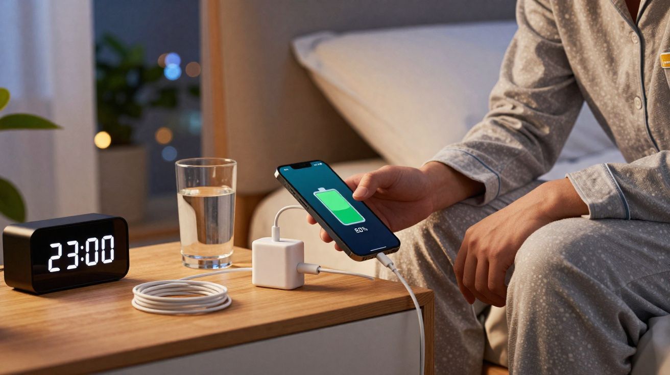 Pessoa de pijama carregando celular na mesinha ao lado da cama com relógio e copo de água.