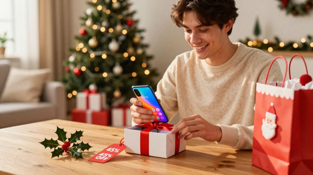 Jovem sorrindo com celular ao empacotar presente de Natal em mesa decorada com etiquetas e árvore ao fundo.